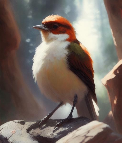 00707-1351171874-oil paint, forest environment art, bird on rock, block print paint portrait, posed character design study, backlit, light rays,.png